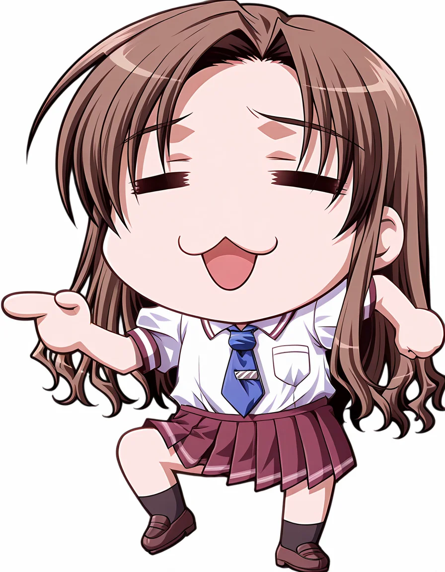 masterpiece, best quality, amazing quality, official art, ultra highres, very aesthetic,
1girl, solo, shizutani_shion, long hair, brown hair, = =, 
school uniform, necktie, pleated skirt  BREAK  
genba_neko,(chibi:1.3),pointing,standing on one leg,:3,open mouth,meme,parody, simple background, white background, full body
<lora:shizutani shion v1.0-000011:1> <lora:genba_neko_like_IL_v1:1>