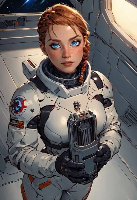 score_9,score_8_up,score_7_up,score_6_up, source_illustration, a cute thin girl with long blue braided hair, blue eyes, fair skin, freckles,wearing a (space suit:1.2), small breasts, tattoos; standing in the corridor of a spaceship, looking directly at the viewer, view from above; dimly lit, dark lighting, volumetric soft light, hazy, intricate details, rating_explicit, nostromostyleai, starship interior, space outside, grungy and worn-down spaceship corridors, no windows, nostromostyleai, m41apls, holding a pulserifle,