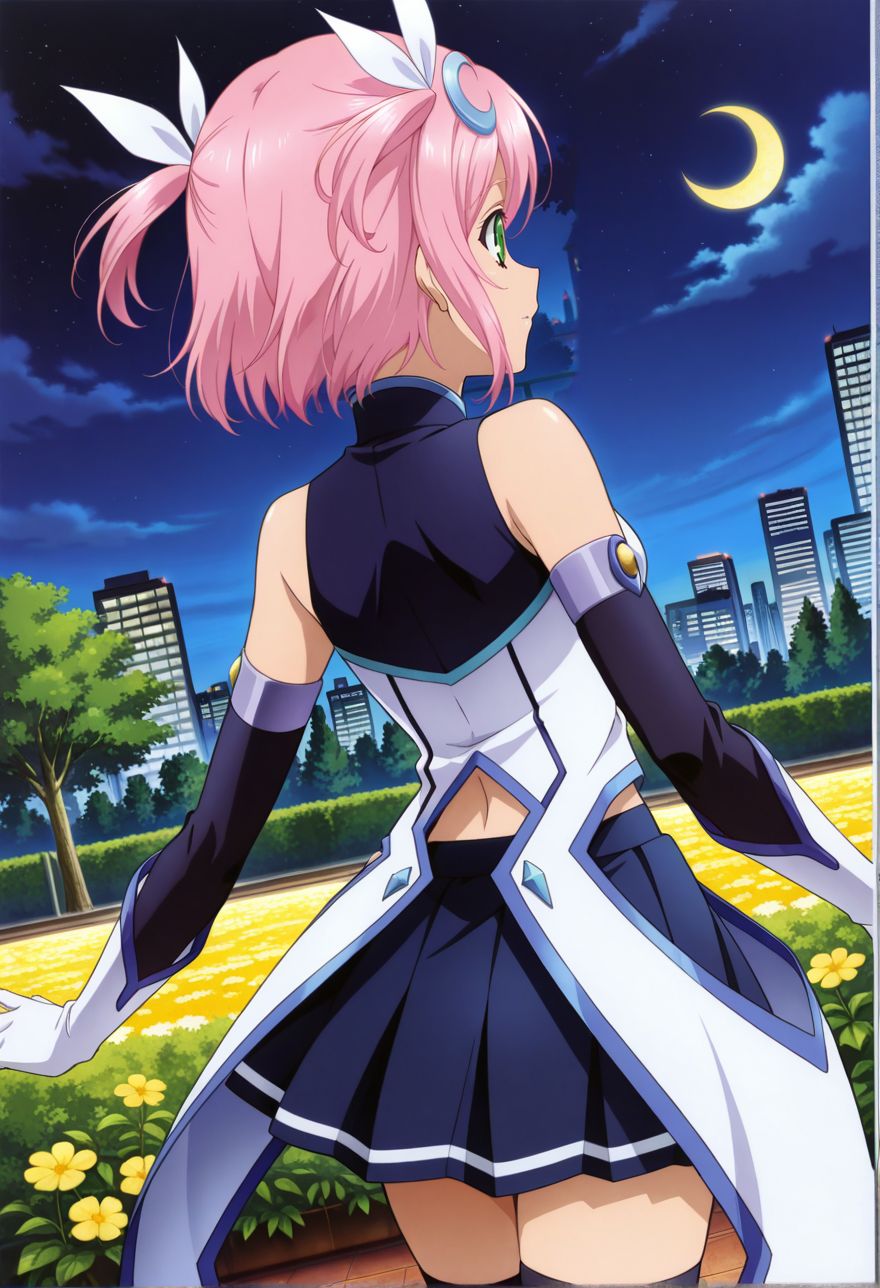 detailed eyes, beautiful, detailed background, perfect eyes,
source_anime, very aesthetic, anime coloring, masterpiece, official art,
<lora:HandFineTuning_XL:1>
BREAK,
garden, flowers, cityscape, trees, night,
dynamic angle, from behind,
cowboy shot, dynamic  angle, posing, 
BREAK,
<lora:estelleX_illustriousXL_v03:0.9>
estellernd, estellems, pink hair, short hair, green eyes, bangs, 
bare shoulders, black thighhighs, pleated skirt, miniskirt, twintails, two side up, short twintails, white dress, crescent hair ornament, elbow gloves, detached sleeves, navel,
white footwear,