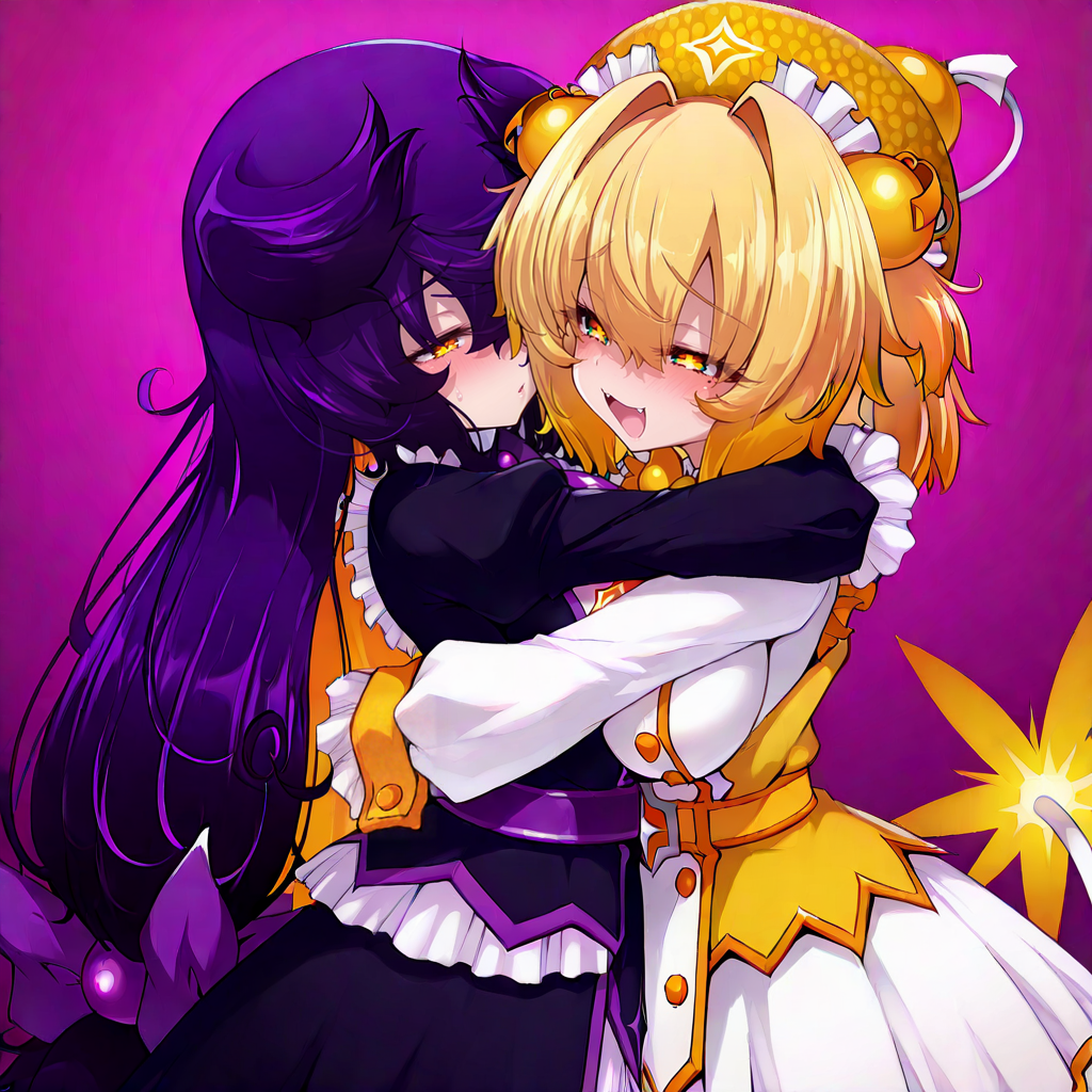 dress,<lora:prune1:1>,prune \(bombergirl\),yuri,2girls,<lora:Bombergirl_Style:1>,pine \(bombergirl\),pine \(bombergirl\) dress,blush,hug,