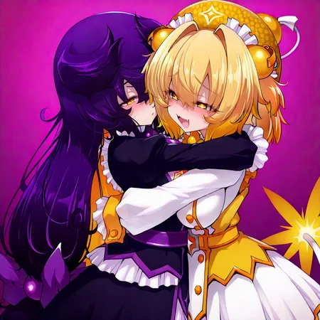 dress,<lora:prune1:1>,prune \(bombergirl\),yuri,2girls,<lora:Bombergirl_Style:1>,pine \(bombergirl\),pine \(bombergirl\) dress,blush,hug,