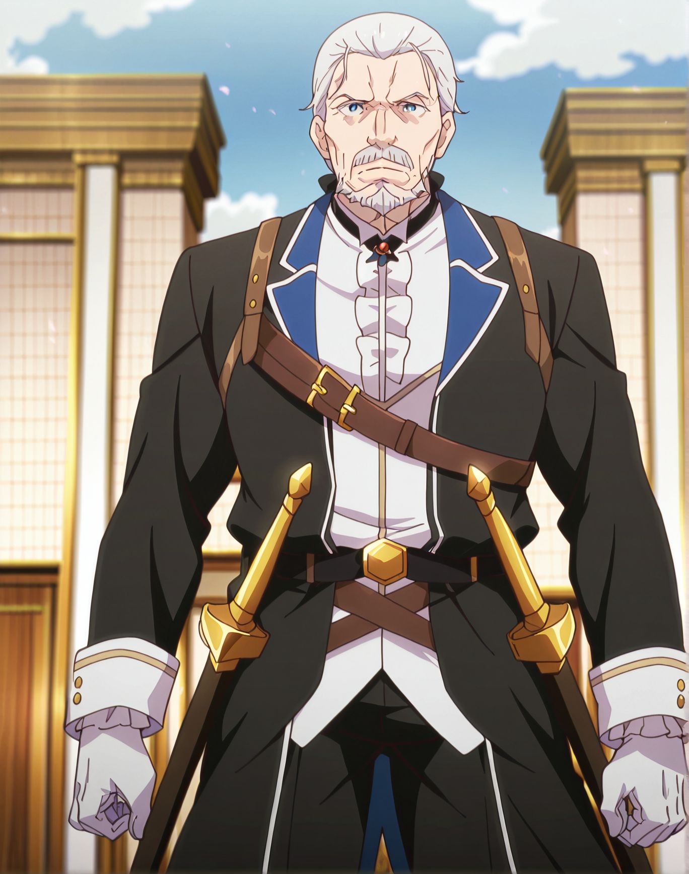 masterpiece, best quality, newest, absurdres, highres, detailed eyes, beautiful, detailed background, perfect eyes, anime coloring, anime screencap,
<lora:Theresia_van_Astrea_r1:1>Theresia_van_Astrea,
old_Wilhelm, sword,
1boy,male focus,solo,facial hair,
beard,mustache,old,cowboy shot, 
gloves,old_wilhelm,