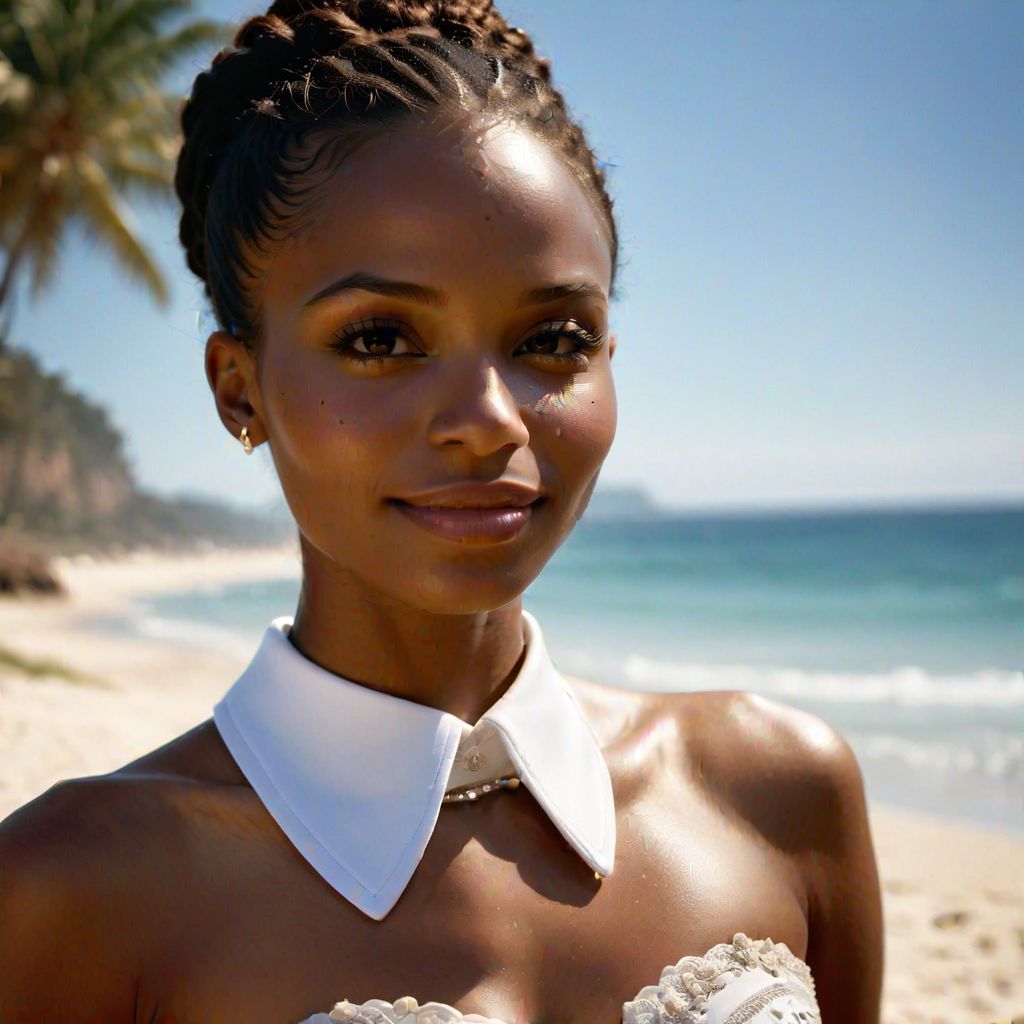 Zuhura_Pendo. portrait, close up portrait, portrait photo, face, framed face, High-Res, Masterpiece, High Quality, (masterpiece, best quality, highly detailed, realistic), crisp image, clear image, 1girl, dark skin, dark-skinned female, Zuhura_Pendo, dress, very dark skin, outside, standing, posing, beach setting, white collar shirt Zuhura_Pendo , proud smile, wink, long hair, Dredd locks,
