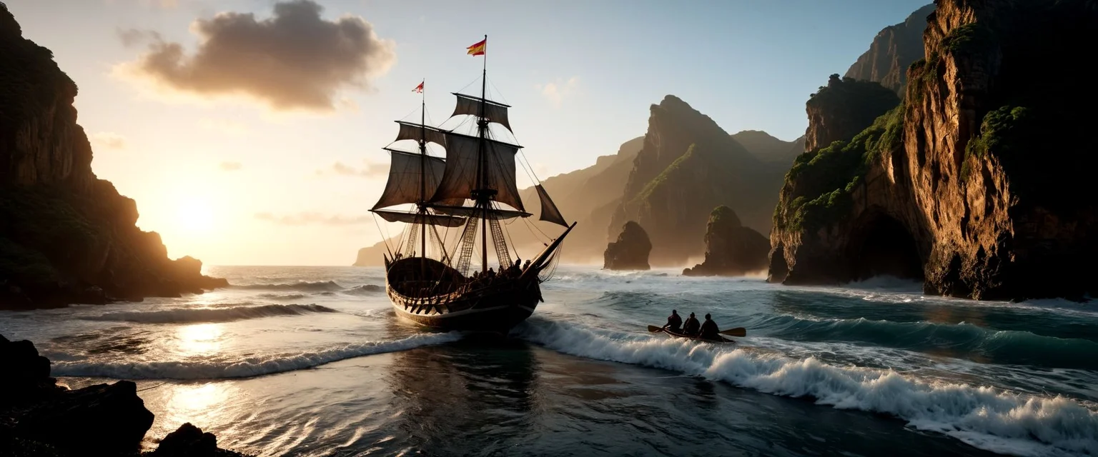RAW Photo of ( rowing Spanish explorers approaching the beach in a rowing boat:1.5), looking at an ultra realistic stranded and broken sailing ship, Christopher Colombus Armada, Santa Maria ship, bay closed during storm, nervous crew in action, cliffs close by, debris floating all around, black coastline in background, coconut palms, intense surrounding vegetation, large waves, dramatic lighting, pale dark sunrise, cinematic moonlight, beaten, low angle, artstation trend, 4k, hyper realistic, focused, extreme detail, unreal engine 5, professional color graded cinematic, masterpiece, complex artwork by john william turner, matte painting, concept art