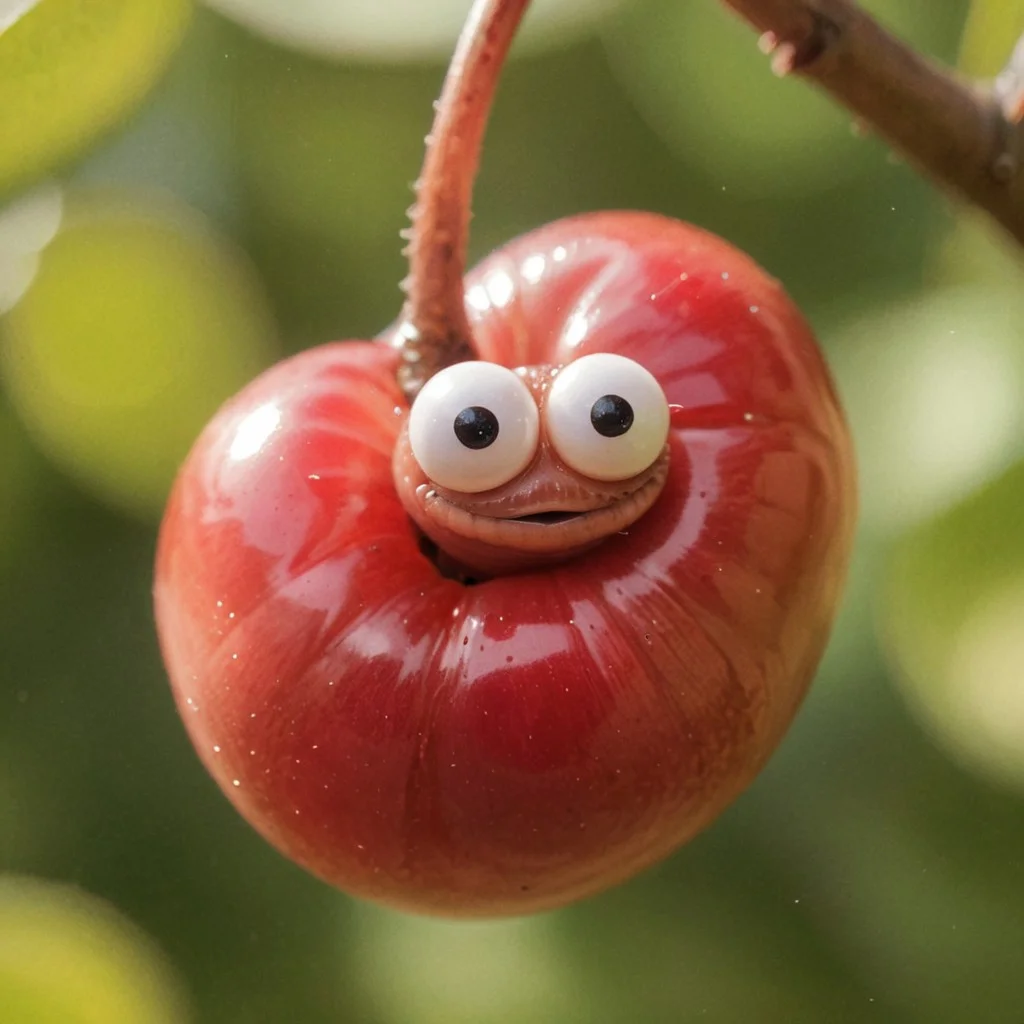 A tiny smol zhibi Smiling cute worm looking Out of a ripe Cherry, macro Closeup,