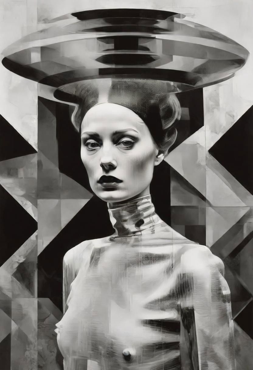 Monochrome black and white, Dali, Magritte, Delvaux, Bellmer, Malevitch, Rodchenko, Mondrian, Kandinsky, Popovna, psychedelic hallucination, pop surrealism, rough crosshatch drawing pop art Lunatic_Portrait of a young girl in latex, slick back, low bun, black makeup, sinister expression, intense glare, avant-garde, abstract, weird, geometric, constructivism, suprematism, rayonism, verticism, lineism, tj