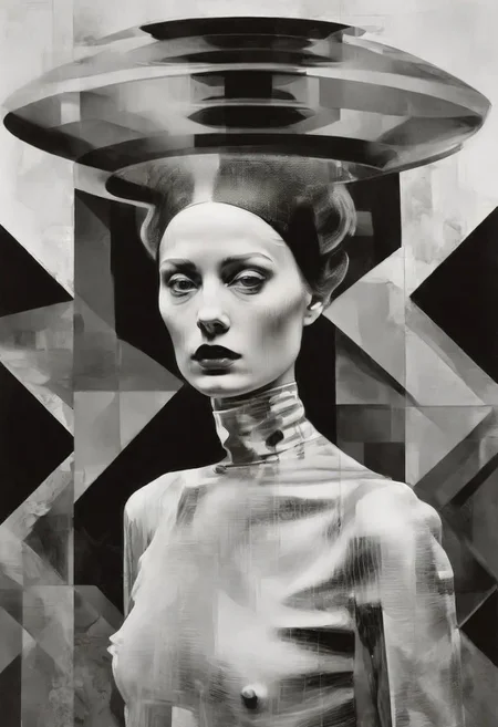 Monochrome black and white, Dali, Magritte, Delvaux, Bellmer, Malevitch, Rodchenko, Mondrian, Kandinsky, Popovna, psychedelic hallucination, pop surrealism, rough crosshatch drawing pop art Lunatic_Portrait of a young girl in latex, slick back, low bun, black makeup, sinister expression, intense glare, avant-garde, abstract, weird, geometric, constructivism, suprematism, rayonism, verticism, lineism, tj