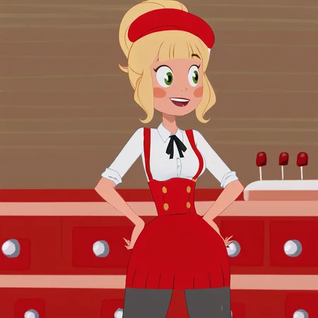 <lora:MissTinker_pony_v1:.8>  MissTinker, 1girl, blush stickers, blonde hair, green eyes, single hair bun,  breasts, sidelocks, bangs, cowboy shot,  <lora:0902 Home wear 5_v1_pony:1> ruanyi0902,beret,black ribbon,collared shirt,black pantyhose,high-waist skirt,white shirt,suspenders