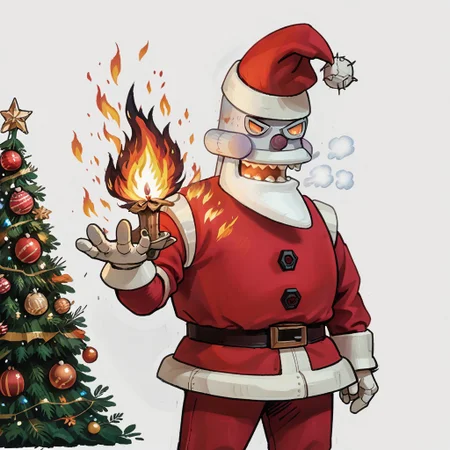 score_9, score_8_up, score_7_up, score_6_up, rating_safe,
r0b0t_s4nta_c1aus, solo, santa hat, santa_costume, pants,  christmas headwear, christmas clothing, solo, laughing manically, breathing fire on christmas tree,
simple background,