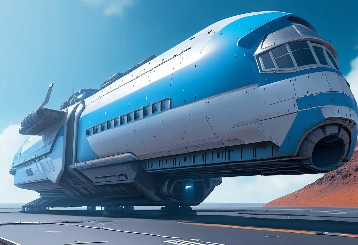 sci-fi, Futuristic, aJed-Rst spaceport, tarmac, (Rusty spaceport buildings):1.3, (((beautiful, hyper realistic, high quality, highly detailed))), sleek blue neotech spacecraft (freighter),