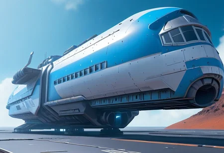 sci-fi, Futuristic, aJed-Rst spaceport, tarmac, (Rusty spaceport buildings):1.3, (((beautiful, hyper realistic, high quality, highly detailed))), sleek blue neotech spacecraft (freighter),