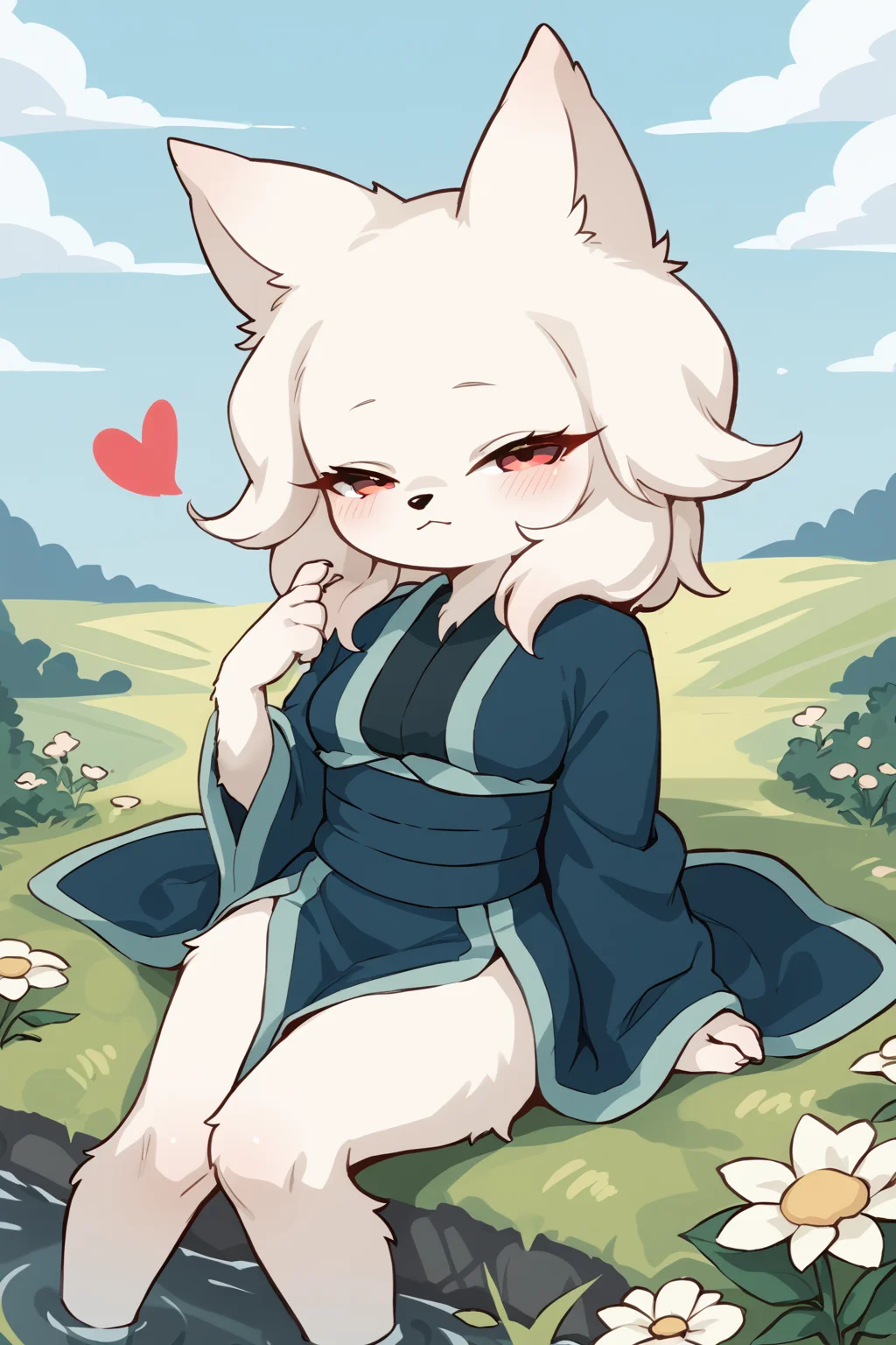 score_9, score_8_up, score_7_up, score_4_up, score_5_up, score_6_up, source_anime, <lora:Heng_Nine_Sols:0.7>, furry, anthro, body fur, white fur, fluffy fur, animal nose, large eyes, narrowed eyes, long eyelashes, animal ears, medium breasts, grass, looking at viewer
skindentation, kimono, robe, cloak,
(love, closed eyes, blush, heart, nsfw, ),