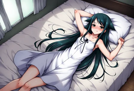 score_9, score_8_up, score_7_up, source_anime, uncensored, zPDXLxxx, <lora:intricate_details:1> intricate_details_xl, indoors, bedroom,
<lora:Saya_No_Uta_v1.0-000040:1> Saya, saya_(saya_no_uta), 1girl, solo, long hair, dress, looking at viewer, green eyes, bare shoulders, sundress, green hair, collarbone, blue hair, white dress, ribbon, hair flaps, arms up, lying in bed, from above, blushing, closed mouth, tongue out, small breasts,
