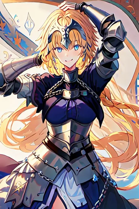 solo, 1girl, solo_focus,
jeanne_d_arc_fgo, blonde_hair, long_hair, blue_eyes, breasts, very_long_hair, headpiece, smile, braid, gauntlets, single_braid, large_breasts, bangs, chain