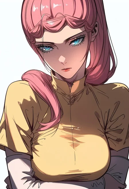 score_9, score_8_up, score_7_up, score_6_up,score_5_up, Expressiveh,
longyuyin, 1girl, ponytail, pink hair, long hair, blue eyes, large breasts, yellow dress, elbow gloves,
detailed face, full color, vibrant color, cowboy shot, dynamic pose, dynamic angle, centered, head tilt, close up, arms under breasts, squeezed breasts, white background, EyesHD, partially illuminated