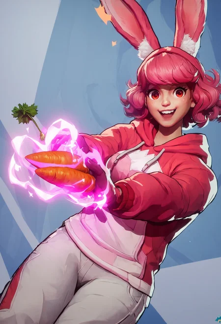 score_9, score_8_up, score_7_up, score_6_up, cute girl, rabbit ears, pink hair, wavy hair, red eyes, surprised, hoodie, v, holding a carrot, looking at viewer, cowboy shot, full body, smile, cute, solo,
,MarvelRivals, <lora:AMarvelRivals_style:1>, cartoon, aura, dutch angle, <lora:HandFixer_pdxl_Incrs_v1:0.3>, handfixer,