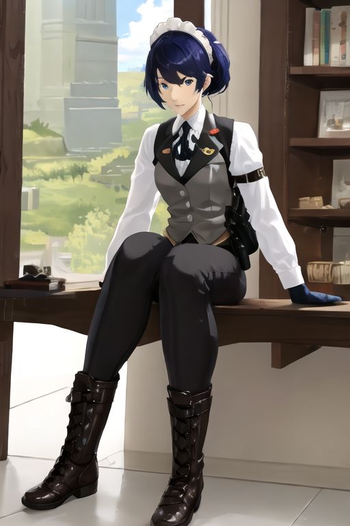 solo, 1girl, solo_focus, (((masterpiece))), ((best quality)), ((ultra-detailed)), ((too_many)):16, high resolution, absurdres, highres, ultra-detailed 8k unity wallpaper, 
kikunop3, maid headdress, vest, shirt, gloves, pants, boots, holster