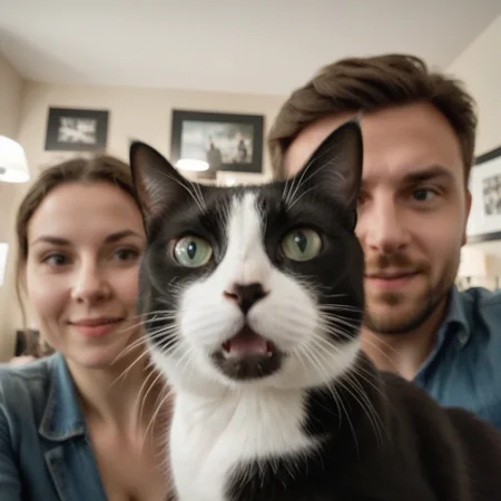 cinematic film still excited cat foreground blurry, woman and man in background selfie, looking at camera<lora:PhotoBomb-8:0.8> . shallow depth of field, vignette, highly detailed, high budget, bokeh, cinemascope, moody, epic, gorgeous, film grain, grainy