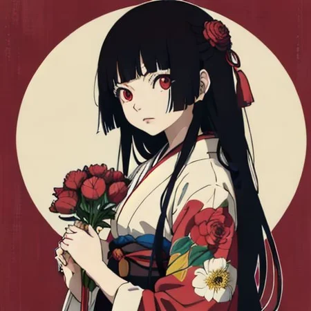 enma ai, hair down, hair black, bangs, eyes red, masterpiece, best quality, ultra-detailed, illustration, 1girl, solo, highres, photorealistic, ultra high res, (Original illustration composition), (fusion of limited color, Maximalism artstyle, kimono obi fashion, double exposure, background, illustration, Amazing, lily spider, night darkness, open one's mouth, flowers red, (polychromatic peony:1.15), Movie poster,