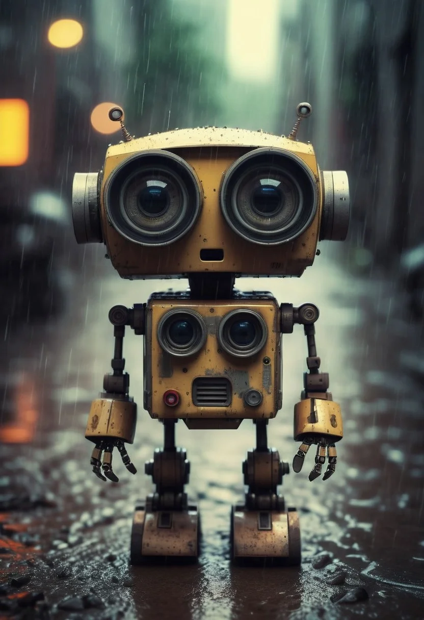 Small robot, cute robot, rectangular body, flexible arms, treaded wheels, compact head, expressive binocular-like eyes, sad and curious appearance, heartbreaking, cute, heavy rain, very sad, lonely, lost place, cyberpunk, desaturated, vibrant colors, dramatic lighting, desaturated background, bokeh, dark theme, soothing tones, depth of field, dramatic backlighting, film grain,