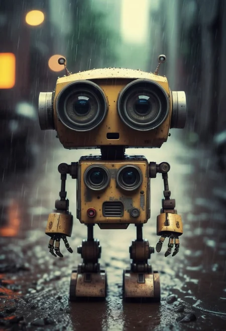 Small robot, cute robot, rectangular body, flexible arms, treaded wheels, compact head, expressive binocular-like eyes, sad and curious appearance, heartbreaking, cute, heavy rain, very sad, lonely, lost place, cyberpunk, desaturated, vibrant colors, dramatic lighting, desaturated background, bokeh, dark theme, soothing tones, depth of field, dramatic backlighting, film grain,