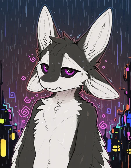 masterpiece, best quality, newest,
(avali), avian, dacad, wetchop, manmosu marimo, r3drunner, photonoko, trigaroo, by snowskau, illioma, inno-sjoa, dimwitdog, syuro, by laser \(artist\), photonoko, trigaroo, newest, purple eyes, black sclera, (4 ears), (solo), tuft, white body, white feathers, white fur, countershading, countershade face, black body, black fur, feathers, fur, multi ear, white inner ear fluff, wings, winged arms, feathered wings,
noisy, static noise, glitch, looking at viewer, stare, half-length portrait, sad, calm, depression, pressure, rain, cyberpunk,
<lora:fenrir_noobai_1.0_2.32aw_10k:1>, f3nr1r
