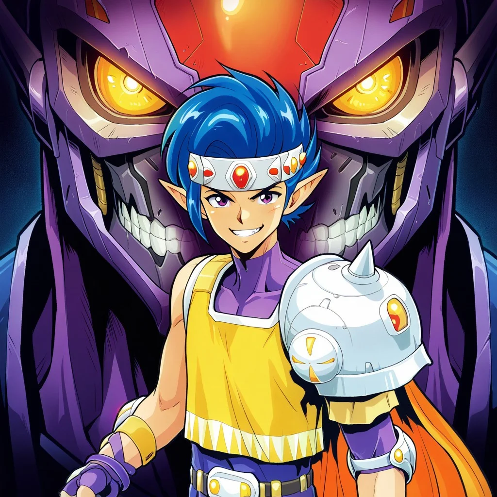 masterpiece, best quality, amazing quality, very aesthetic, absurdres, newest, curtisffl3 with a half_cyborg_face, 1boy, male focus, blue hair, jeweled headband, orange cape, single pauldron, loose yellow shirt, elbow pads, gray fingerless gloves, purple bracelets, sleeveless purple bodysuit, pointy ears, looking at viewer, grin, close up