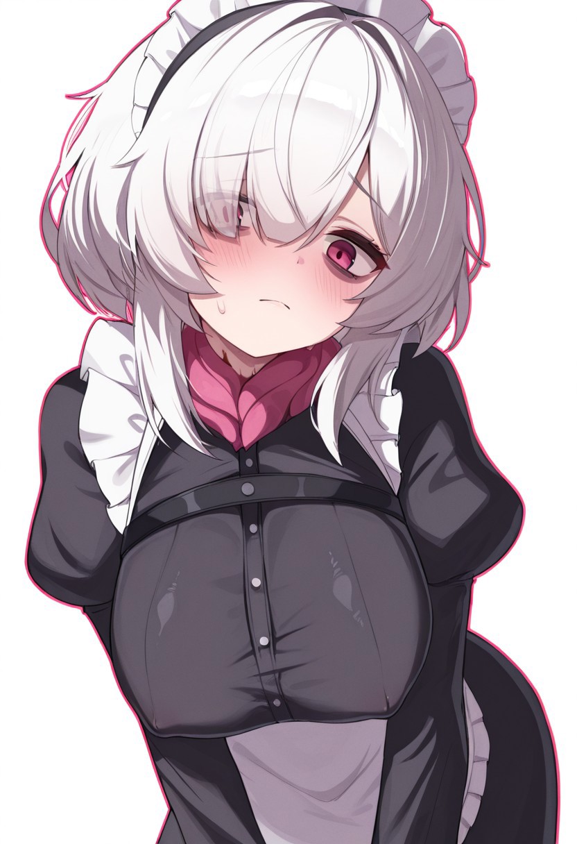 Bitseon, best quality, absurdres, highres, hard edges, hard edges, rough coloring, uneven outline, colored outline, solo, 1girl, white hair, hair over one eye, pink eyes, red eyes, detailed eyes, large breasts, covered erect nipples, maid, bags under eyes, mascara, scarred neck, looking at viewer, pose, contrapposto