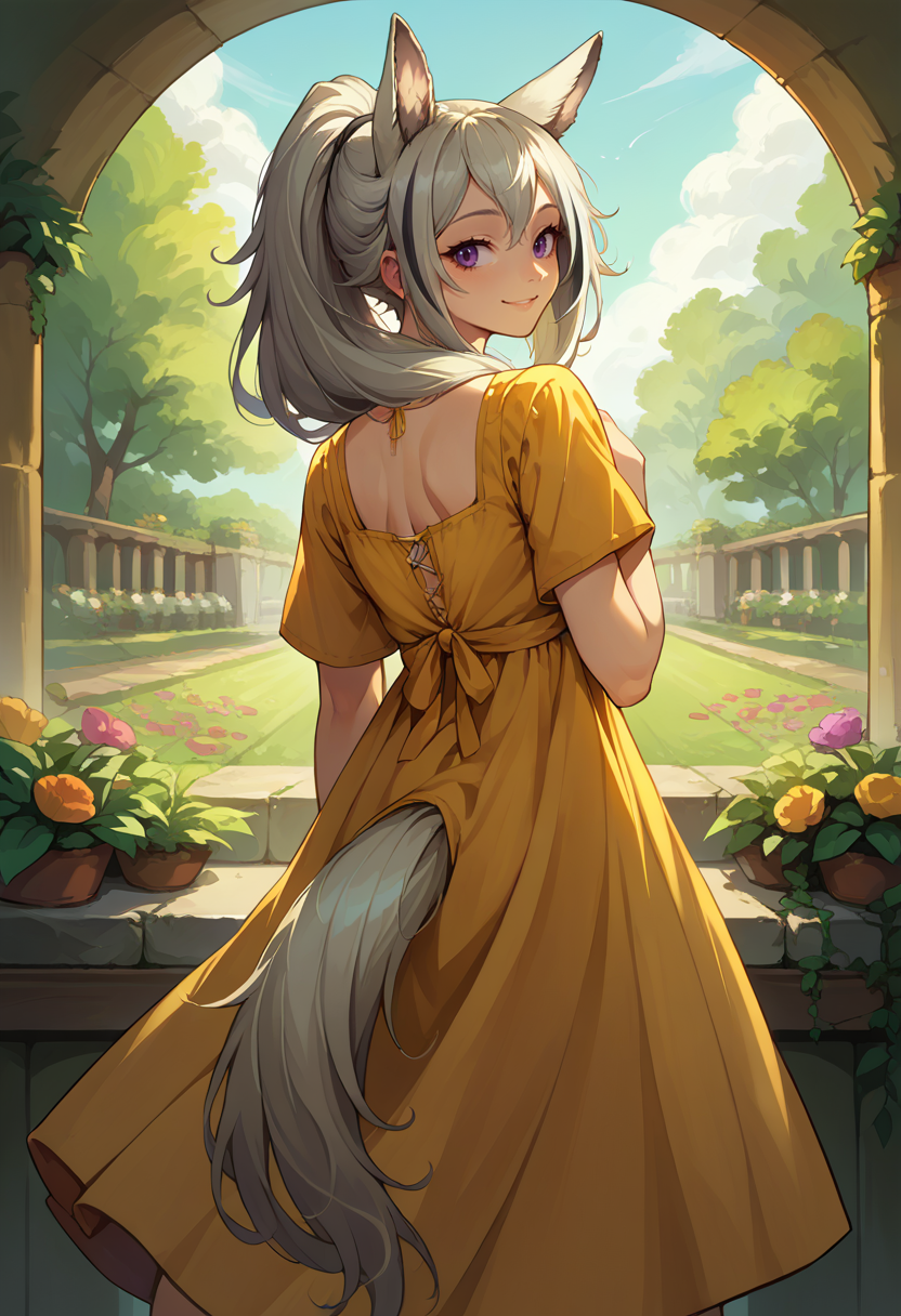 score_9, score_8_up, source_anime, 1girl, solo, GraniArk, animal ears, long hair, high ponytail, streaked hair, tail, from behind, yellow sundress, garden, day, sunshine, smile, looking back, <lora:ChamGraniArknightsPonyXL:1>