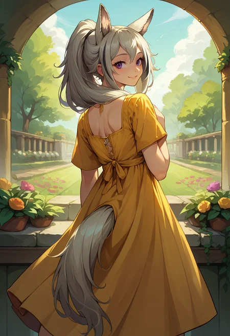 score_9, score_8_up, source_anime, 1girl, solo, GraniArk, animal ears, long hair, high ponytail, streaked hair, tail, from behind, yellow sundress, garden, day, sunshine, smile, looking back, <lora:ChamGraniArknightsPonyXL:1>