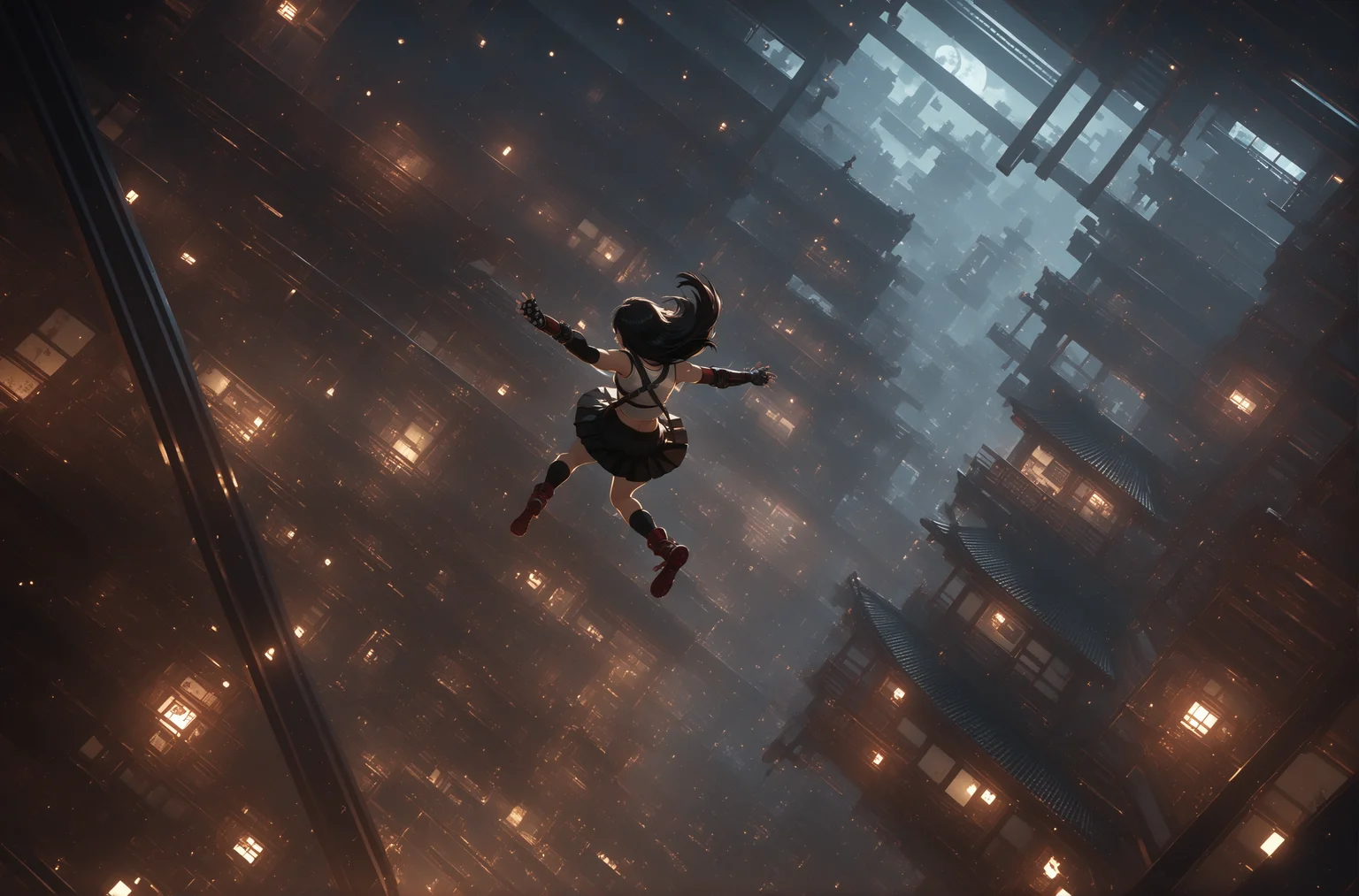 score_9, score_8_up, score_7_up, score_6_up, source_anime, 1girl, Tifa Lockhart, long black hair, navel, skirt<lora:infinity castle:0.85> building, scenery, night, holding weapon, outstretched arms, falling, japanese interior, stairs,