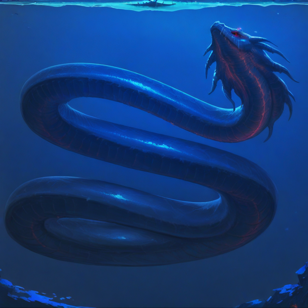 masterpiece, best quality, newest, absurdres, highres, AQDRV1.0, dragon, underwater, ocean, blue theme, snake, serpent, monster, no humans, glowing eyes, red eyes,