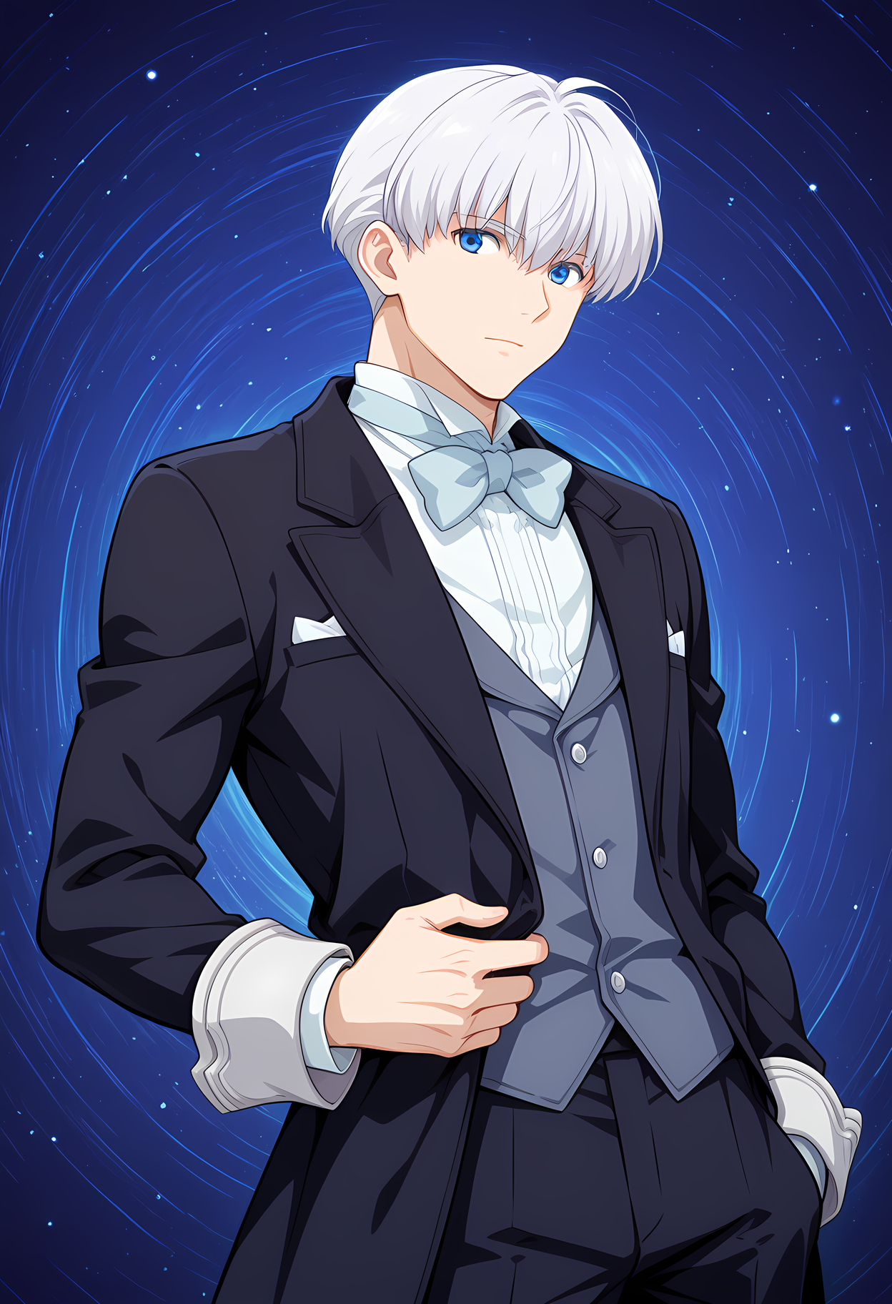 masterpiece, best quality, amazing quality, dutch angle, abstract backgroung, BREAK
solo, male, 1boy, xen_billy, white hair, short hair, blue eyes, black tuxedo, formal, bow tie, BREAK
 <lora:cfg_scale_boost:.6>   <lora:Billy_Lee_Black_-_Xenogears_-_ILXL:.8>