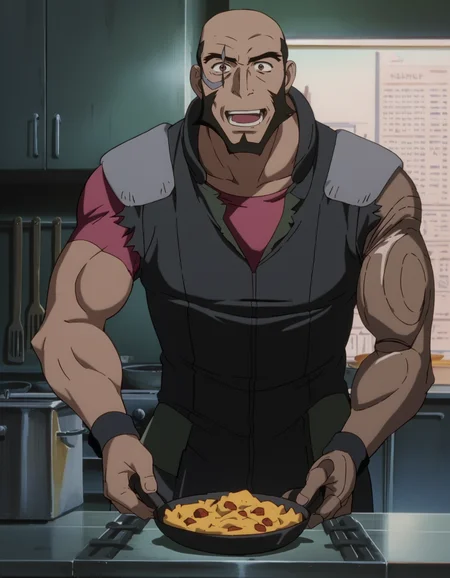 score_9, score_8_up, score_7_up, <lora:cowboy-bebop-ponyxl-000020:1> j3tbl4ck
1boy, solo, male focus, cooking, open mouth, smug, looking at viewer, indoors, kitchen