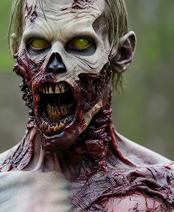 zombie eating deer,  blue eyes, bloody, no hair, detailed, intricate, rottingzombie person