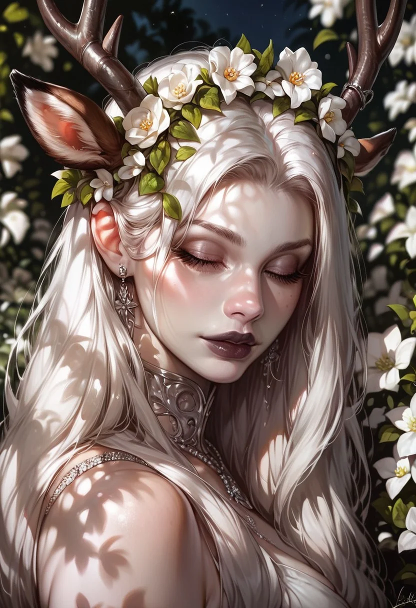 score_9_up, score_9, score_8_up, score_8, score_7_up, score_7, cinematic lighting, raw, high quality, 4k resolution, absurdres, masterpiece, dynamic lighting, high contrast, morimee_style, detailed face, dramatic lighting, sfw,
1girl, cute, mature, (((((pale skin))))), ((white hair)), ((long hair)), closed eyes, black makeup, black lipstick, white flowers, flower in hair, (big:1.5 deer horns), ((silver jewelry)), ((white wreath)), looking at viewer,
(close view), [[side view]],
((garden background, white flowers)), ((night background)), blurred foreground, blurred background, depth of field