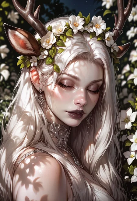 score_9_up, score_9, score_8_up, score_8, score_7_up, score_7, cinematic lighting, raw, high quality, 4k resolution, absurdres, masterpiece, dynamic lighting, high contrast, morimee_style, detailed face, dramatic lighting, sfw,
1girl, cute, mature, (((((pale skin))))), ((white hair)), ((long hair)), closed eyes, black makeup, black lipstick, white flowers, flower in hair, (big:1.5 deer horns), ((silver jewelry)), ((white wreath)), looking at viewer,
(close view), [[side view]],
((garden background, white flowers)), ((night background)), blurred foreground, blurred background, depth of field