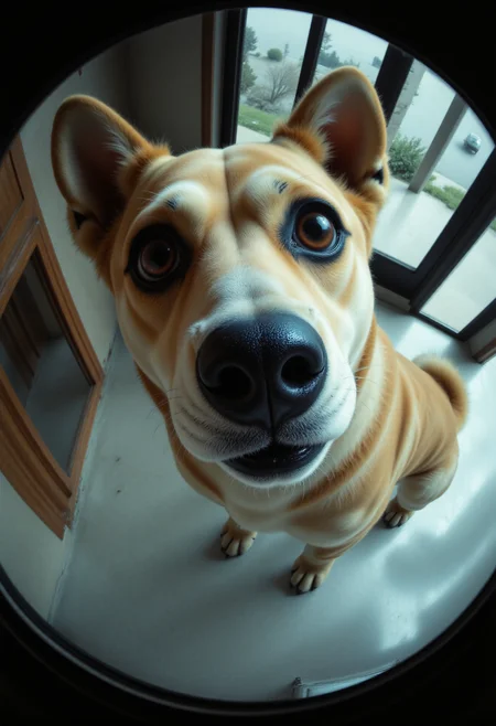 (fisheye lens:4.0), close-up of a confused dog looking at the camera deep depth of field, hyperdetailed photography, masterpiece, best quality, high quality, highres, ultra-detailed, best quality, 8K, high resolution, extreme detail aidmacatched
