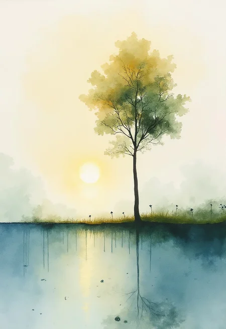A serene watercolor landscape featuring a lone tree standing tall against the horizon, its leaves shimmering in the early morning sunlight. The scene is bathed in the soft glow of a rising sun, casting long, brooding shadows over the ground. The water's edge, glistening with dewdrops, creates a magical mirror effect, reflecting the tree and the sky. The minimalist design, combined with intricate details, will create an ethereal, hauntingly beautiful piece.