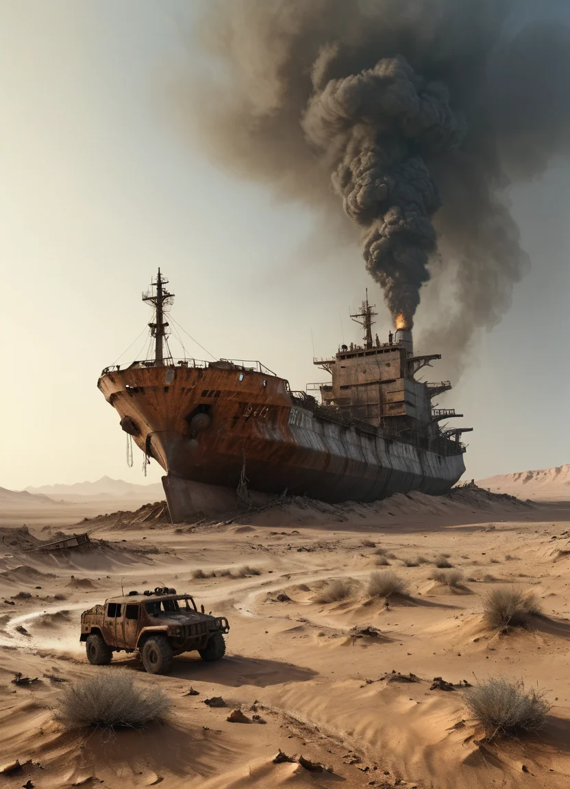 post-apocalypse, rusty oil ship tanker in the desert in the form of a raider base, scorpio in the foreground, side shot, dregs, particles, glare, High detailed RAW color Photo, 8k,  <lora:detailed_notrigger:0.8> <lora:Desolation:0.5>