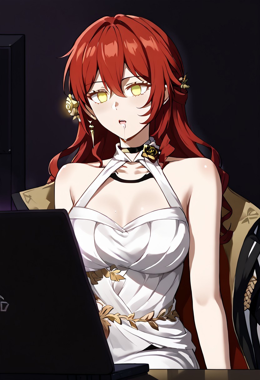 Himeko hypnotized by computer screen,
score_9, source anime, lewd, 1girl, smooth,
mind control, hypnotized, empty eyes, blank eyes, no pupils, leaning back, arms at sides,
Scr33nLum, laptop, sitting, dark, indoors, shadows, harsh lighting, slack jaw, drooling, spiral screen, (breasts hanging out), bare shoulders,
mlHimepdxl, white dress, single glove, red trim, halterneck, hair ornament, gold trim, gold bracelet, black high heels, black gloves, black coat, red hair, long hair, yellow eyes,
