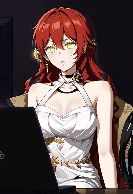 Himeko hypnotized by computer screen,
score_9, source anime, lewd, 1girl, smooth,
mind control, hypnotized, empty eyes, blank eyes, no pupils, leaning back, arms at sides,
Scr33nLum, laptop, sitting, dark, indoors, shadows, harsh lighting, slack jaw, drooling, spiral screen, (breasts hanging out), bare shoulders,
mlHimepdxl, white dress, single glove, red trim, halterneck, hair ornament, gold trim, gold bracelet, black high heels, black gloves, black coat, red hair, long hair, yellow eyes,