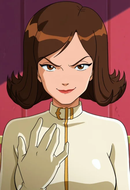 masterpiece, best quality, good quality, 1girl, solo, cartoon, parody, official style, geraldine_totally_spies, brown eyes, brown hair, short hair, white bodysuit, sexy, large breasts, beautiful, detailed, high detailed, very beautiful, detailed face, detailed eyes, detailed hand, abstract background, smirk, looking at viewer, face focus, volumetric lighting