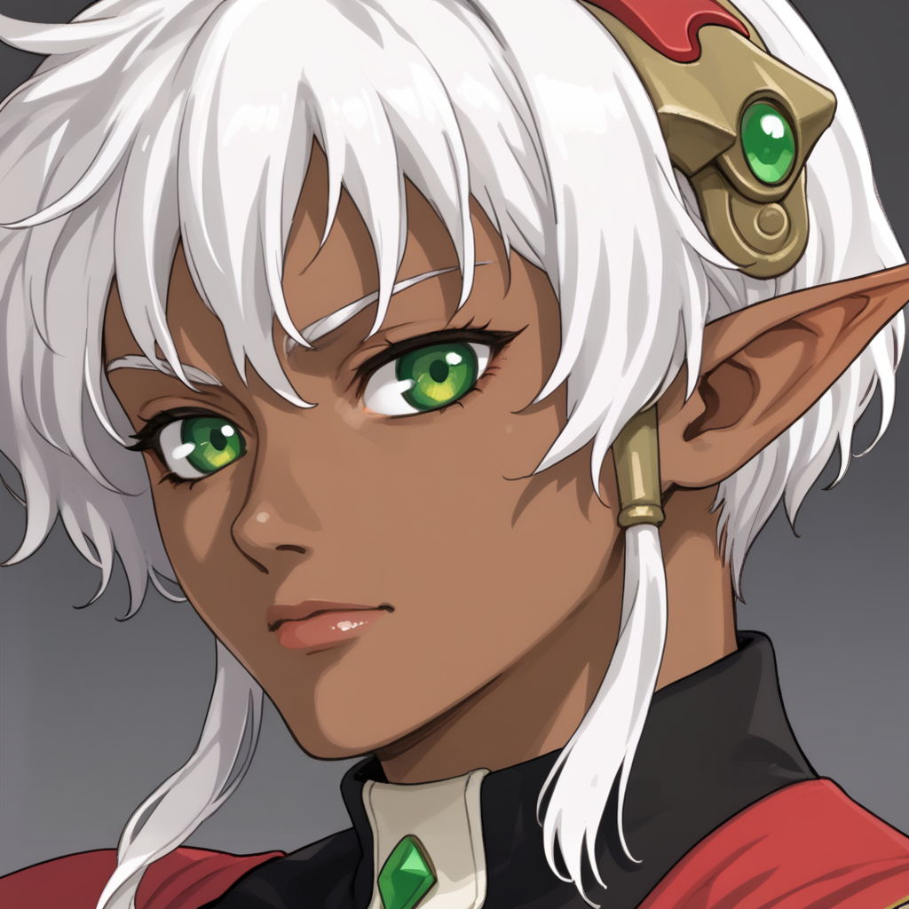1girl, solo, portrait  <lora:DominiaXLpony:1> Dominia, green eyes, white hair, short hair, pointy ears, dark skin,