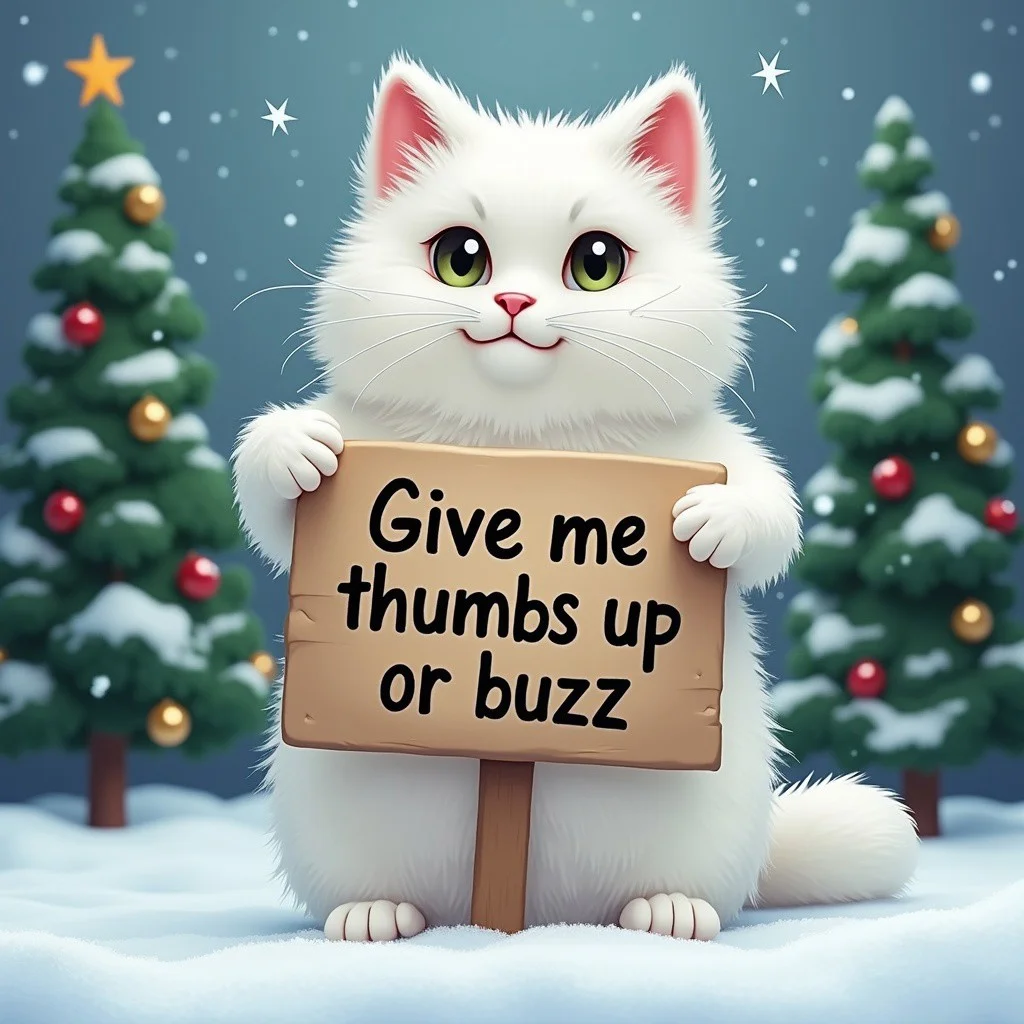 A fluffy white cat in the snow holding a sign that says "Give me thumbs up or buzz" chirstmas trees.