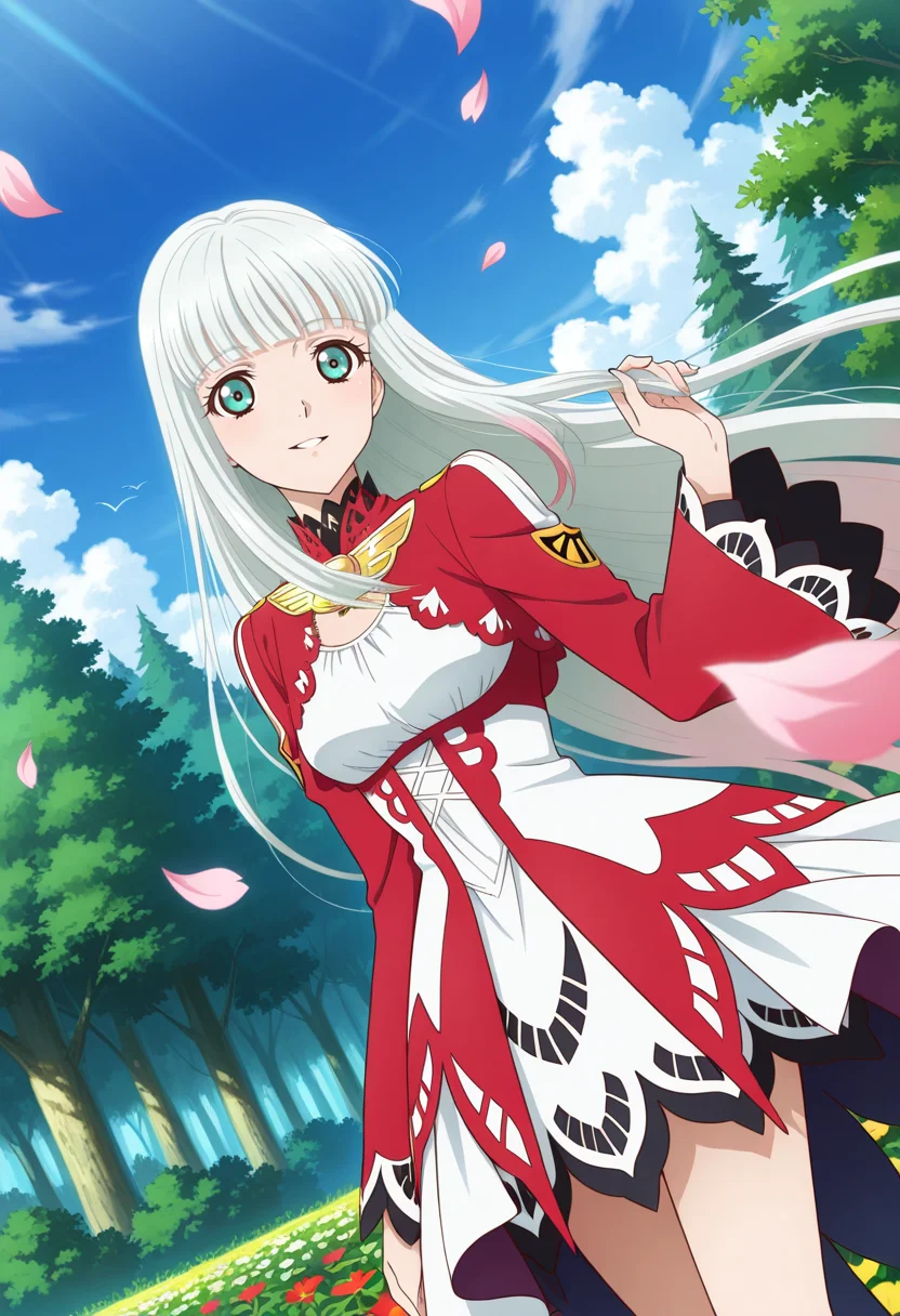 light smile, parted lips, hand on hair, floating petals,
cowboy shot, dynamic angle,
BREAK,
<lora:lailahI_illustriousXL_v04:1>
lailahdef, silver hair, very long hair, multicolored hair, blunt bangs, pink hair, aqua eyes, straight hair,
laced collar, breast cutout, jewelry, sidelocks, white dress, red dress, multi-colored dress, long sleeves, red sleeves, wide sleeves, white overskirt,
high heels, red heels,, source_anime, very aesthetic, anime coloring, masterpiece,
best quality, amazing quality, ultra detailed, very aesthetic,
detailed background,
BREAK,, forest, flowers, clouds, day, floating leaves,