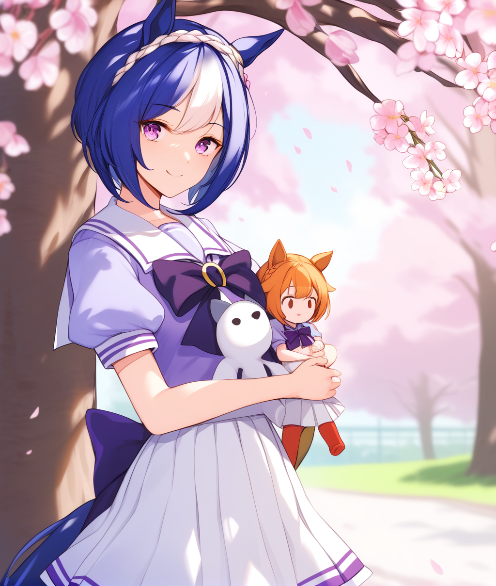 score_9, score_8_up, score_7_up, 2D, anime BREAK
tracen_uniform, 1girl, solo, looking at viewer, smile, short hair, bangs, skirt, shirt, bow, holding, animal ears, closed mouth, school uniform, purple eyes, tail, purple hair, braid, white hair, short sleeves, multicolored hair, pleated skirt, outdoors, serafuku, puffy sleeves, bowtie, sailor collar, two-tone hair, tree, puffy short sleeves, white skirt, horse ears, cherry blossoms, horse girl, horse tail, purple bow, purple shirt, character doll, sailor shirt, tracen school uniform, summer uniform, purple bowtie, horseshoe ornament, holding doll, 
<lora:Cesario-ponyXL:0.8>,