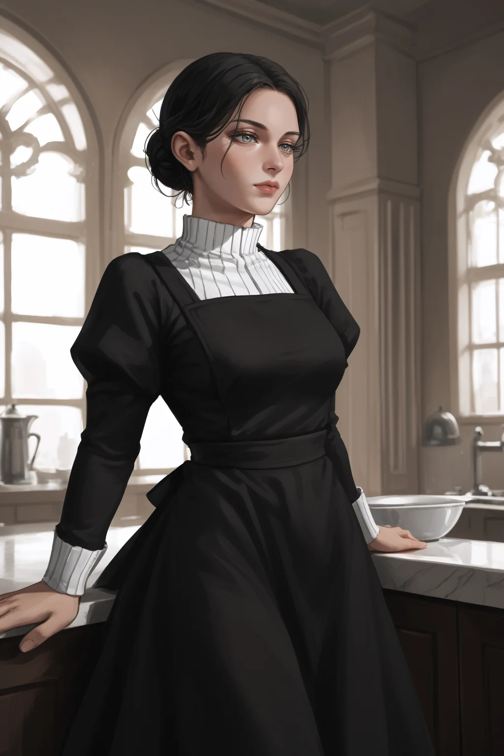 score_9, score_8_up, score_7_up, BREAK source_anime, <lora:Lara Tybur-PonyXL-lora-Faxtron:1> lara tybur, grey eyes, black hair, single hair bun, medium breasts, black dress, long sleeves, juliet sleeves, apron,