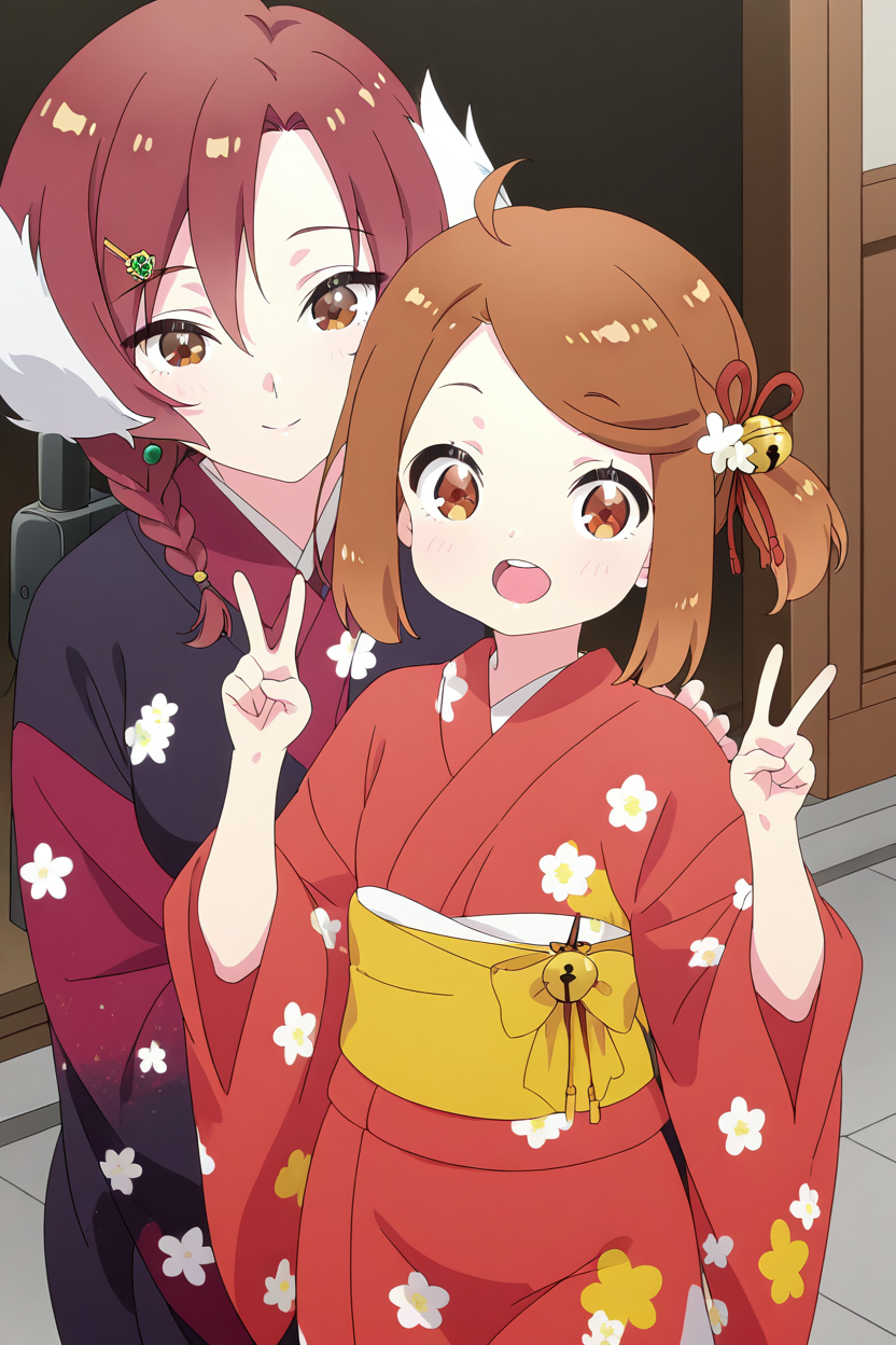 mmasterpiece, best quality, curvy, beautiful eyes,   2girls,   zzChiyo, brown eyes, ahoge, brown hair, hair bell, hair flower, hair ornament, hair ribbon, one side up, short hair, side ponytail,  japanese clothes, kimono, flower, red kimono, floral print, bell, jingle bell, swept bangs, print kimono, zzYuugiri, red eyes, hair between eyes, hair flower, hair ornament, hair over shoulder, hairclip, long hair, red hair, short hair, twin braids,   kimono, japanese clothes, jewelry, earrings, (v), open mouth,  cowboy shot, smile, looking at viewer, shiny skin,  <lora:PrimaDoll_Style_IXL:1.0>,