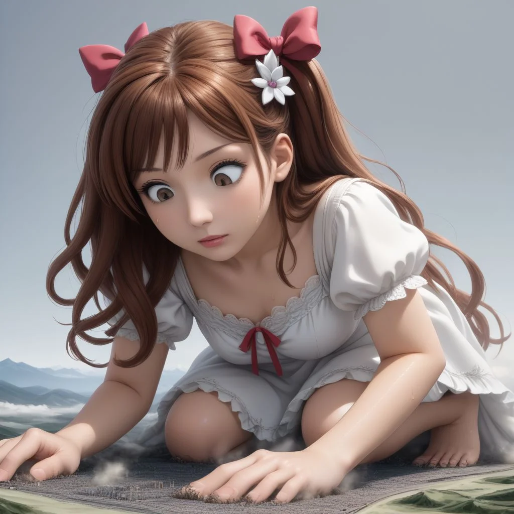 score_9, score_8_up, score_7_up, score_6_up, macro, giga macro, giantess,( 1girl:1.5), solo, solo focus,
(enju aihara, brown eyes, ribbon, hair ribbon, ribbon, long hair, brown hair, hair ornament, dress, lace dress, short sleeves, white dress, elegant dress, flower girl, flower girl dress, bare legs, barefoot, looking down, sweating:1.3), (kneeling, crouching, on her knees, kneeling down:1.4),
(cute female, love, flower girl, flower girl dress, white dress:1.5), 1girl, perfect feet, feet, looking down, (sweat, sweaty, very sweaty, steam, steamy:1.4), (bare legs, barefoot:1.3), toes, (crawling, all fours, crawling on a tiny city, crawling on a tiny landscape, looking down:1.4), (dirty feet, dirty soles, sweaty feet, sweaty soles, very sweaty feet, steamy feet, dirty soles, feet dripping sweat, feet dripping with sweat, feet steaming, steam around feet, very sweaty feet, sweat on soles:1.3), flower girl, very cute girl,
extreme detail, realistic, realism, masterpiece, perfect lighting, bloom, cinematic lighting, highres, (ultra realistic, 32k, masterpiece:1.2), (high detailed skin:1.1), (high quality:1.1), (detailed background, very detailed background:1.2),
(landscape:1.5), stepping on cities, stepping on a tiny city, stepping on a tiny landscape, tiny landscape, tiny cities, cities everywhere, destruction, mass destruction, from space, view from space,